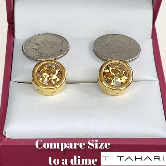 T TAHARI Logo Gold Tone Topaz Round Shaped Post Earrings - Picture 5 of 13